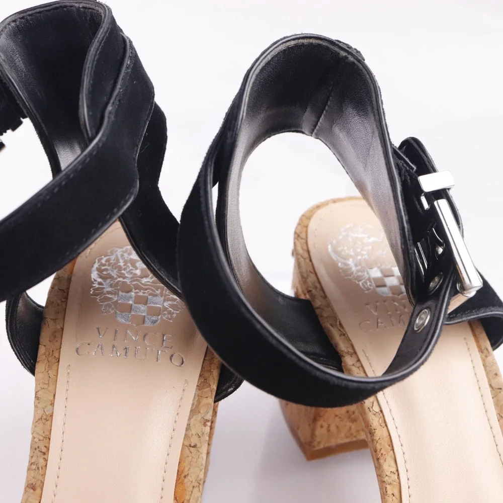 Vince Camuto Women Baeden Sandal Size 9.5 Black Suede Ankle Strap Cork Heel Shoe